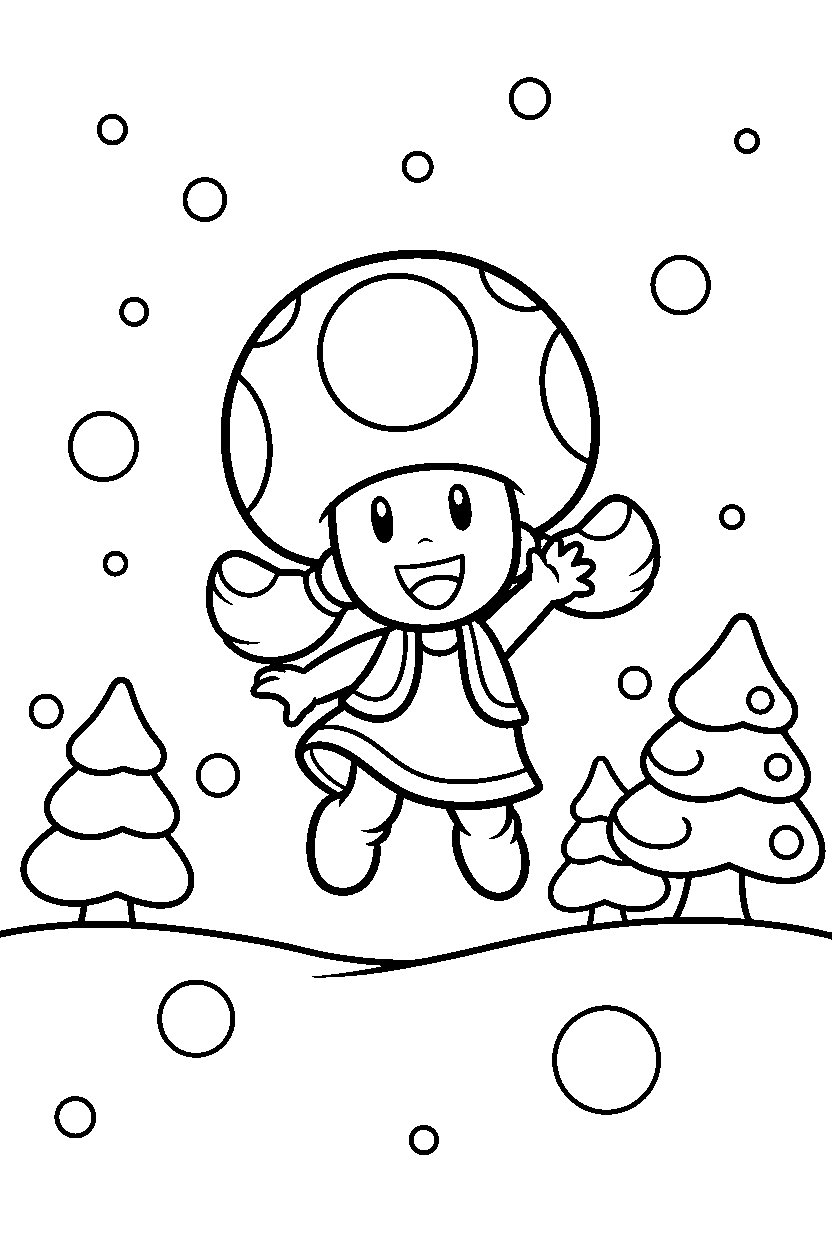toadette jumping with joy in a snowy level line art