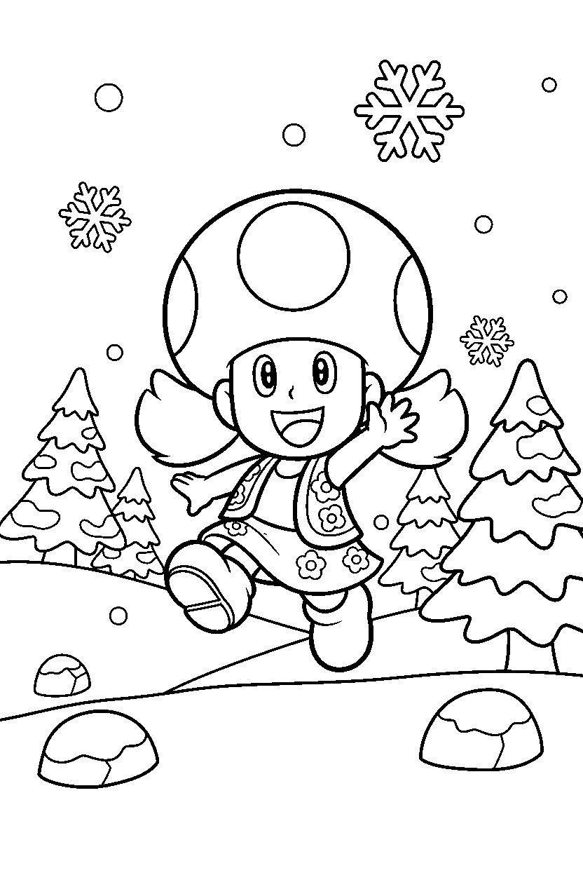 toadette looking excited in a snowy level line art