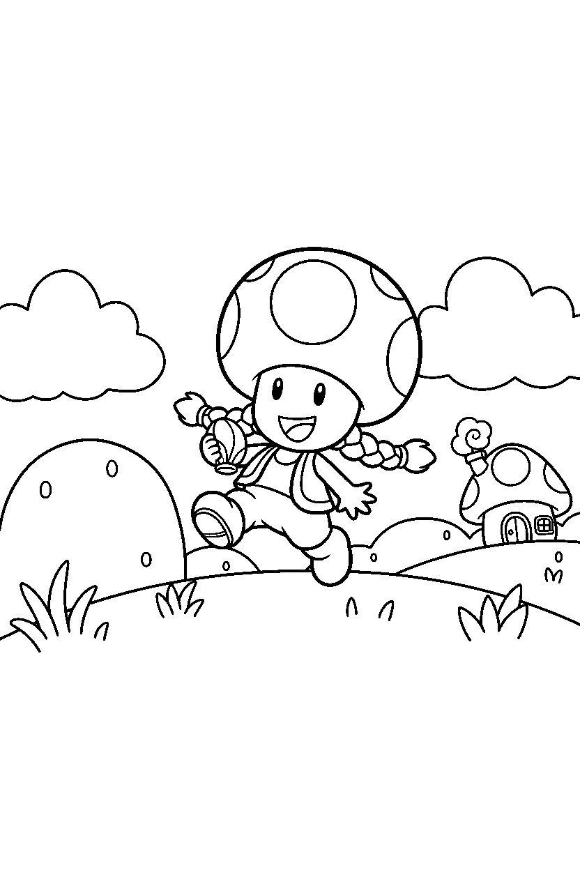 toadette playing happily in a grassy level line art