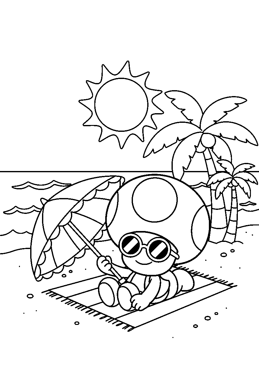 toadette relaxing peacefully in a beach level line art