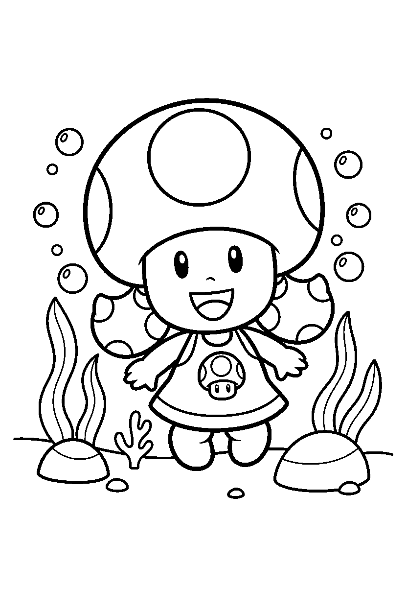 toadette smiling happily underwater line art