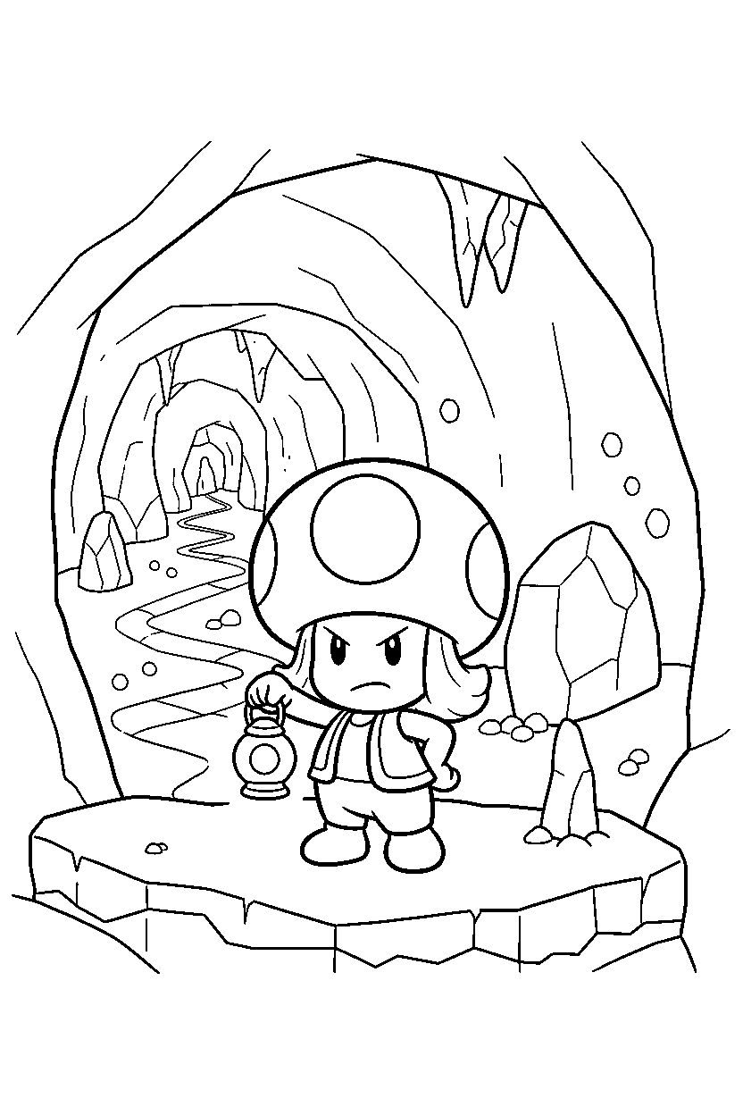 toadette standing bravely in a cave level line art
