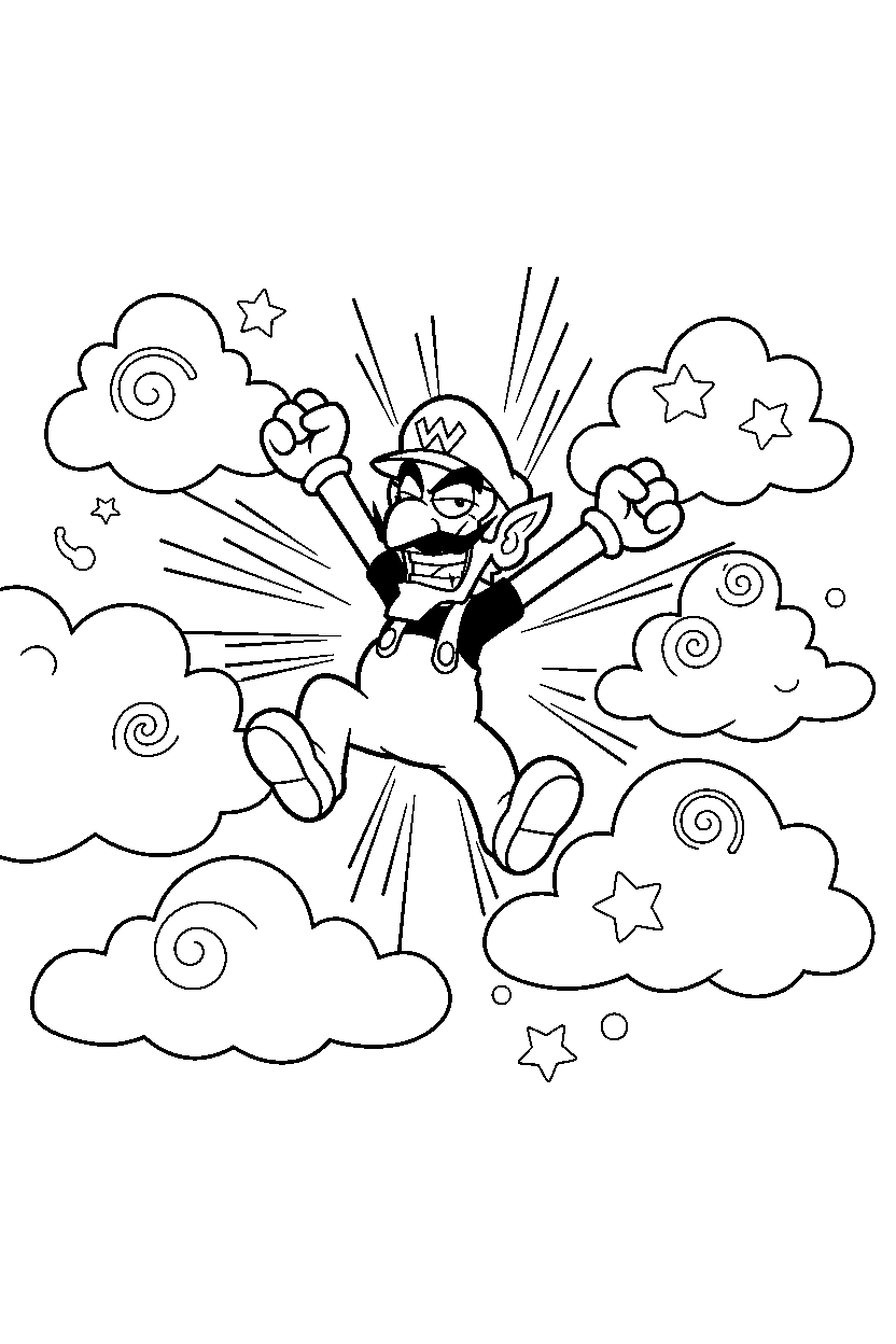 waluigi celebrating adventure in a cloud world line art