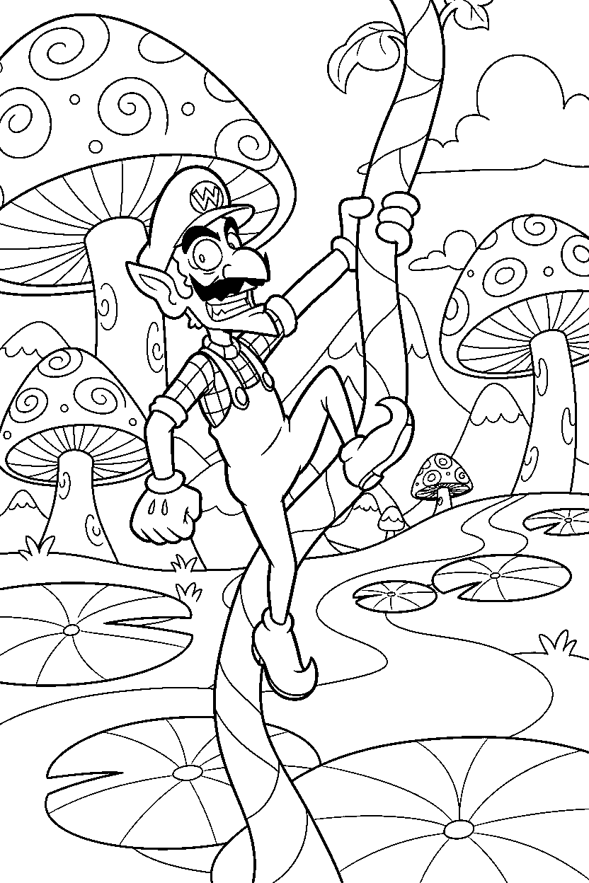 waluigi climbing happily in a fantasy land line art