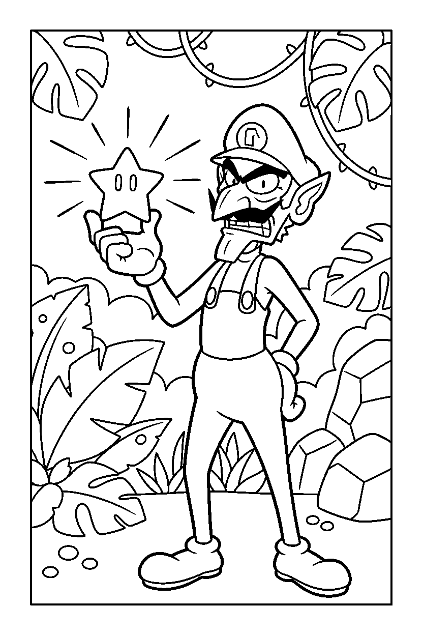 waluigi holding a star power in a jungle level line art