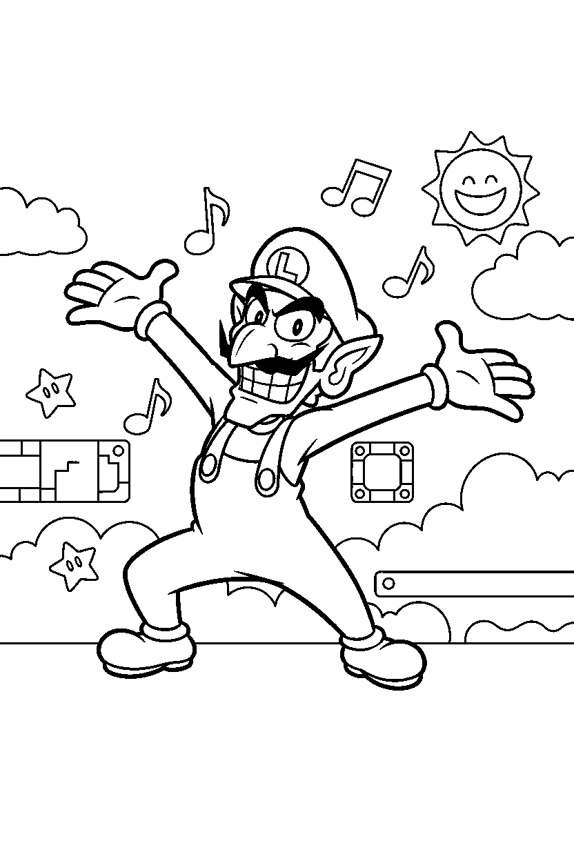 waluigi posing happily in a sky level line art