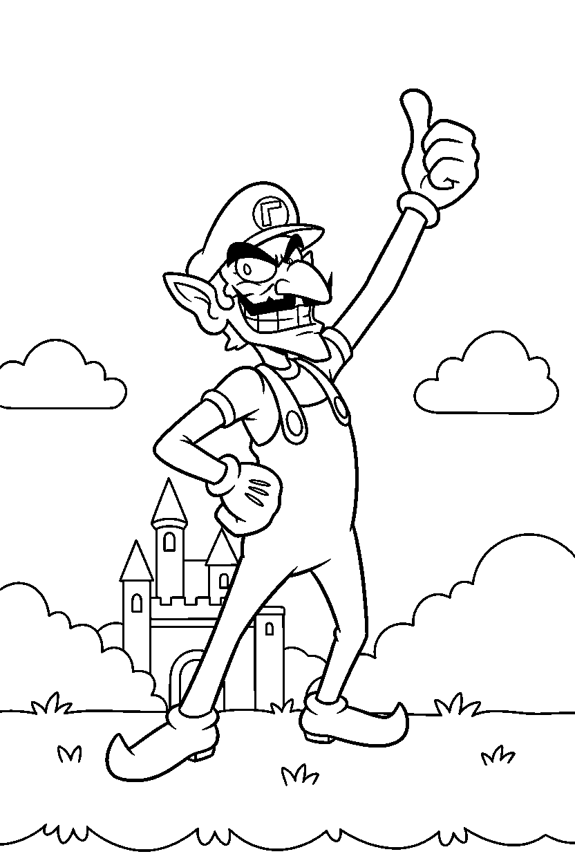 waluigi posing proudly in a grassy level line art