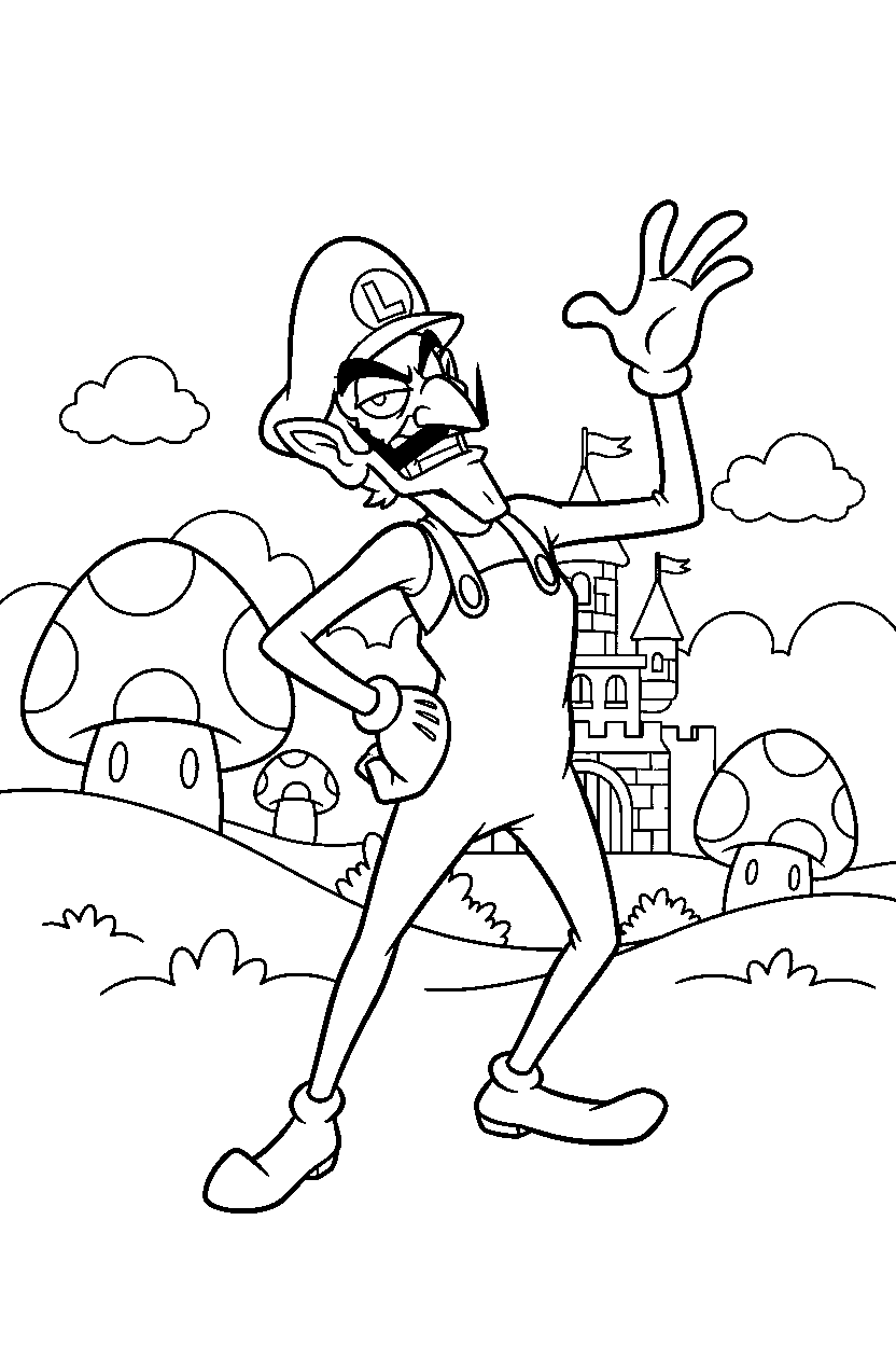 waluigi posing proudly in the mushroom kingdom line art