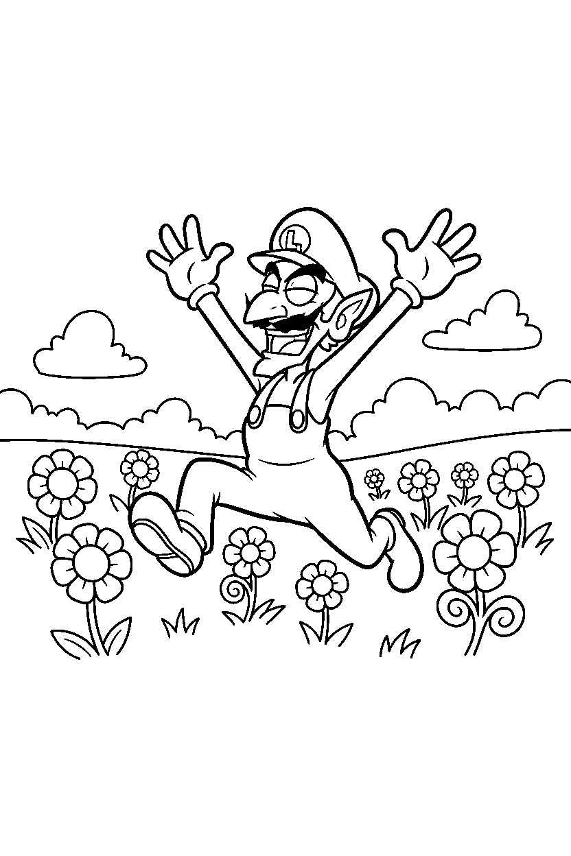 waluigi running happily in a flower field line art