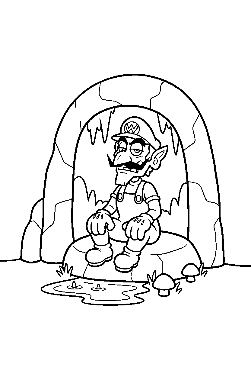 waluigi sitting peacefully in a hidden cave line art