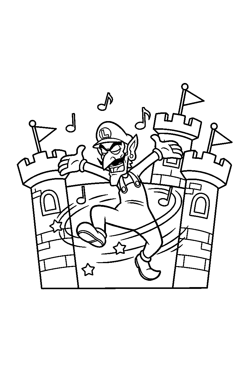 waluigi spinning happily inside a fortress line art