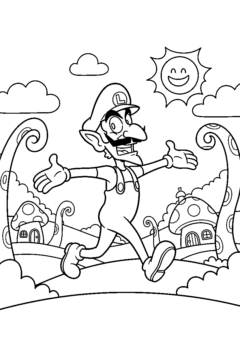 waluigi walking happily in a fantasy land line art
