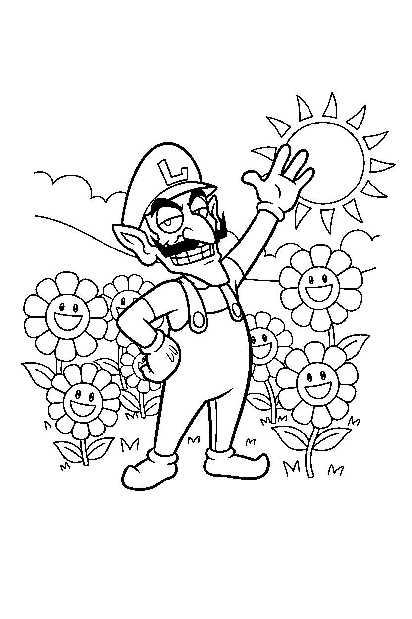 waluigi waving happily in a flower field line art