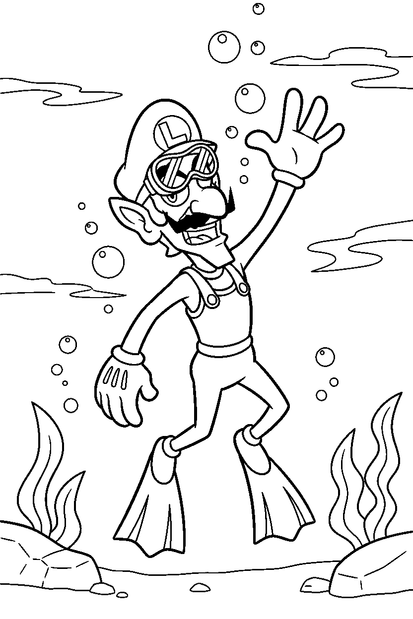 waluigi waving happily underwater line art