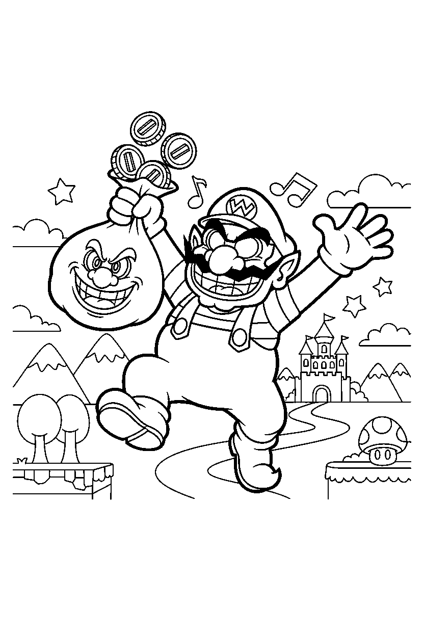 wario celebrating adventure in a bright adventure land line art