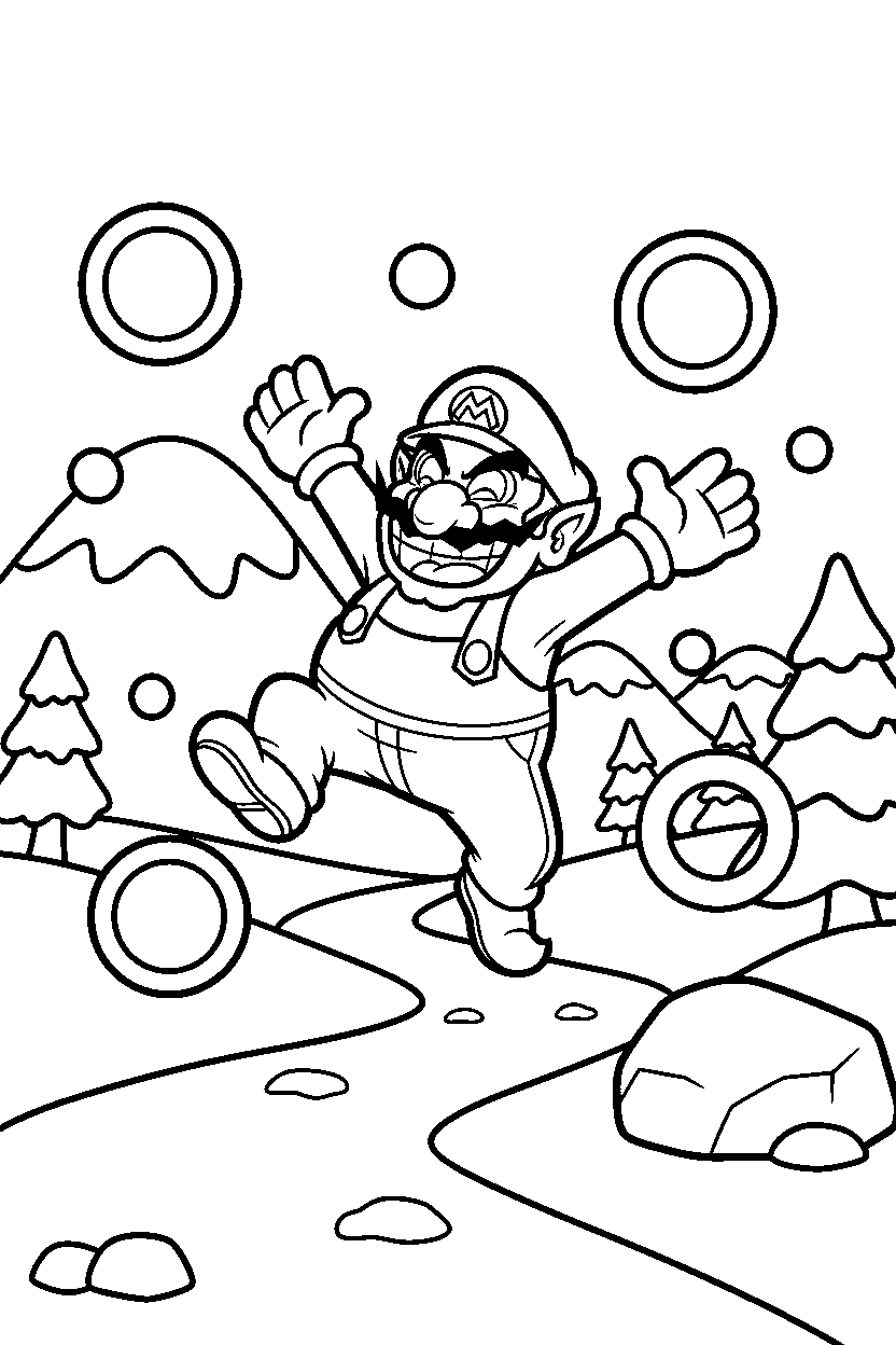 wario celebrating adventure in a snowy level line art