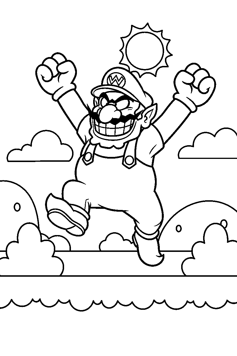 wario celebrating happily in a grassy level line art