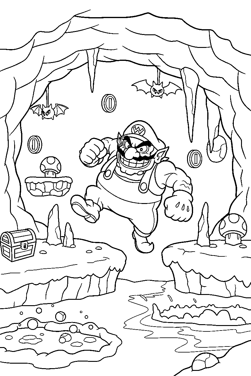 wario exploring happily in a cave level line art