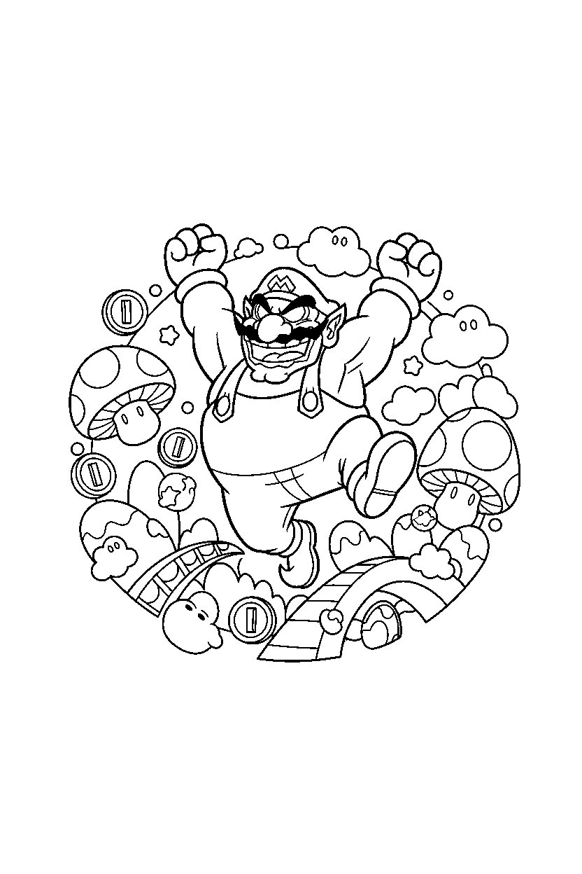 wario jumping with joy in a colorful world line art