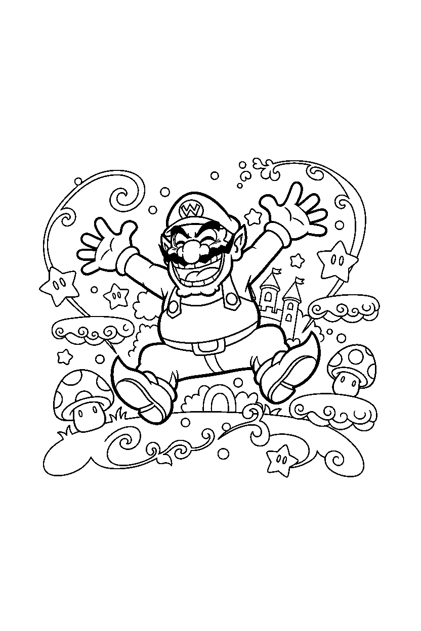 wario jumping with joy in a magical world line art