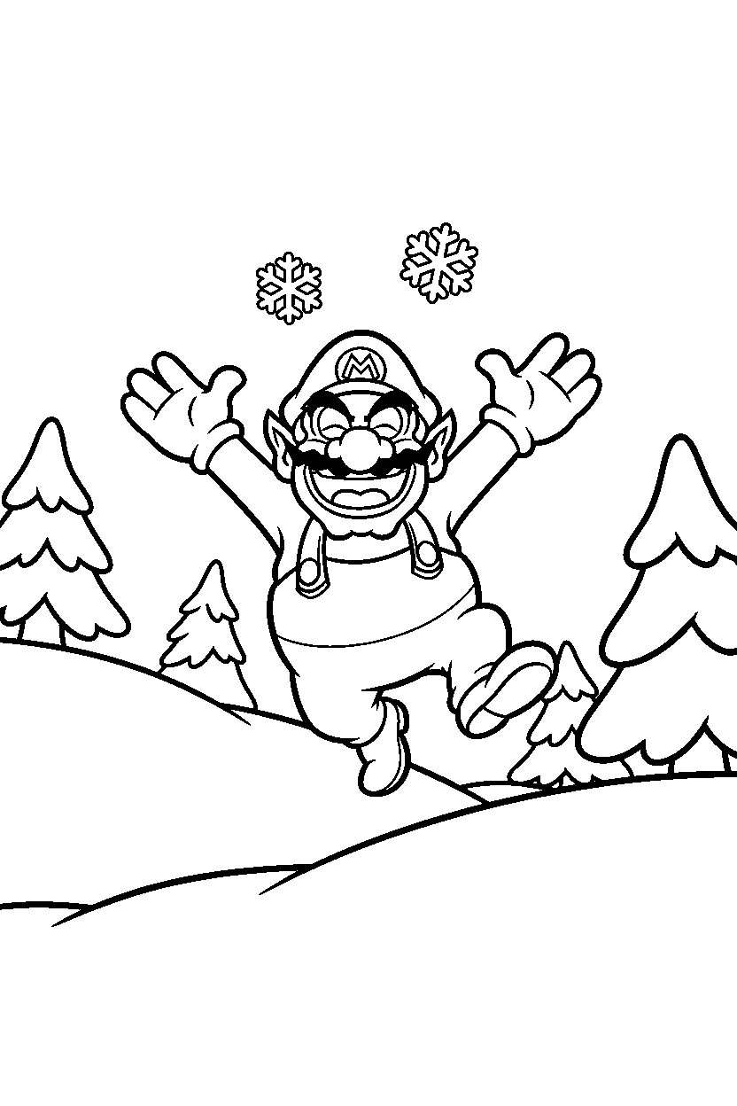 wario jumping with joy in a snowy level line art