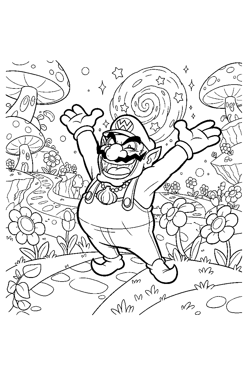wario looking excited in a magical world line art