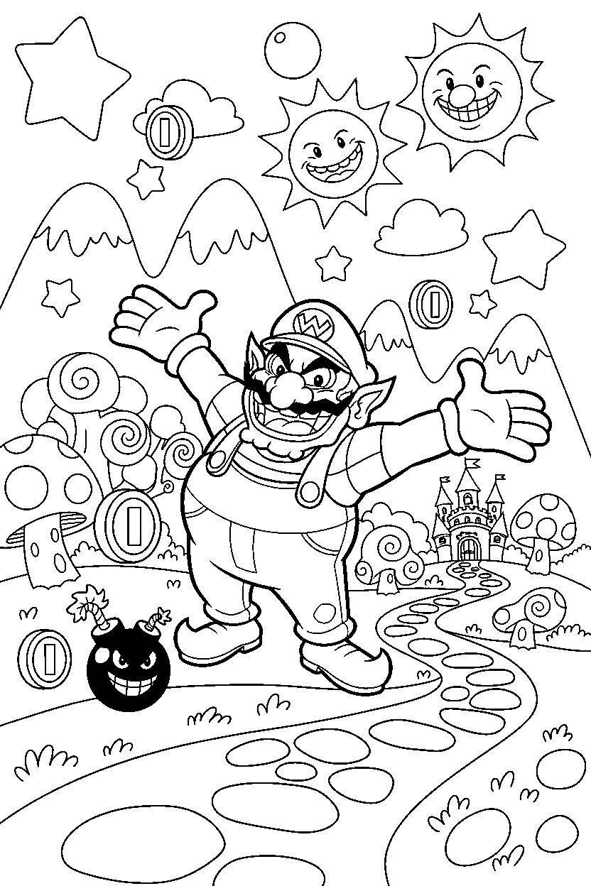wario looking happy in a colorful world line art