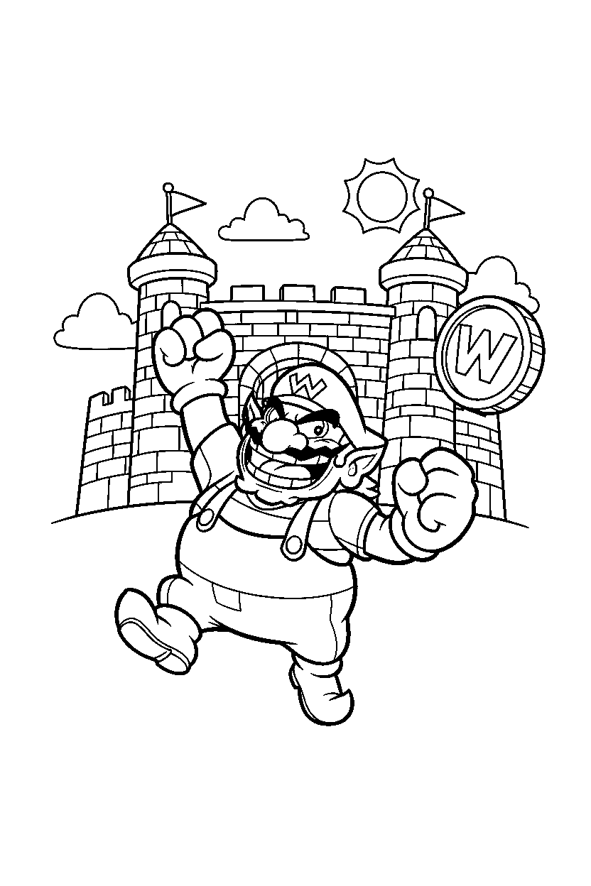 wario playing happily near a fortress line art