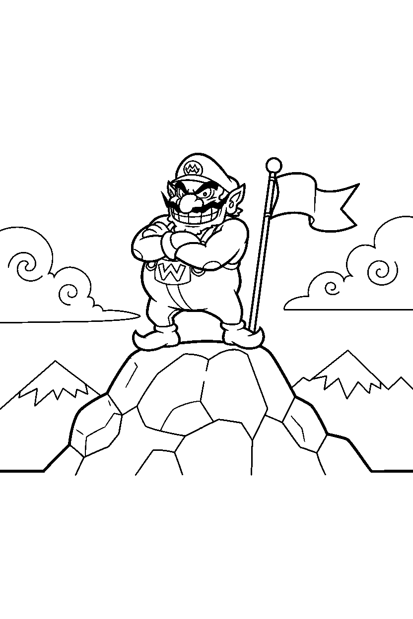 wario standing proudly on a mountain level line art