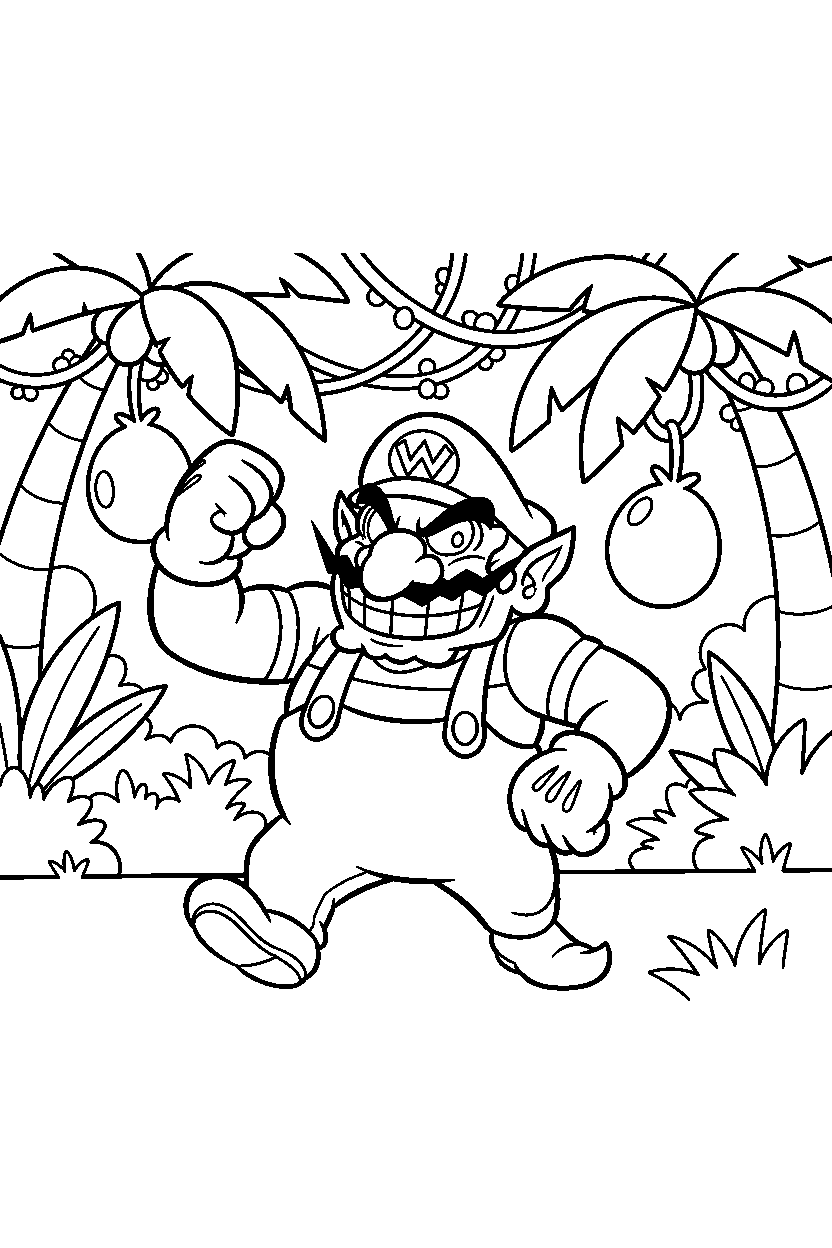 wario walking proudly in a jungle level line art