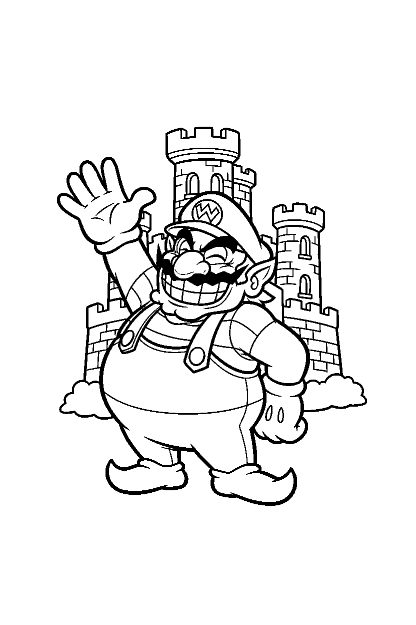 wario waving happily near a fortress line art