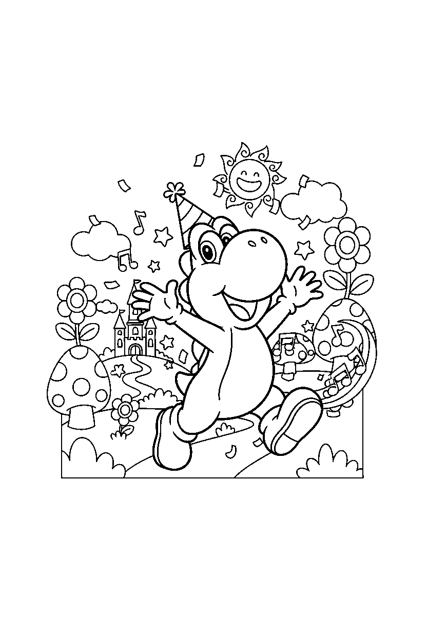 yoshi celebrating happily in a magical world line art