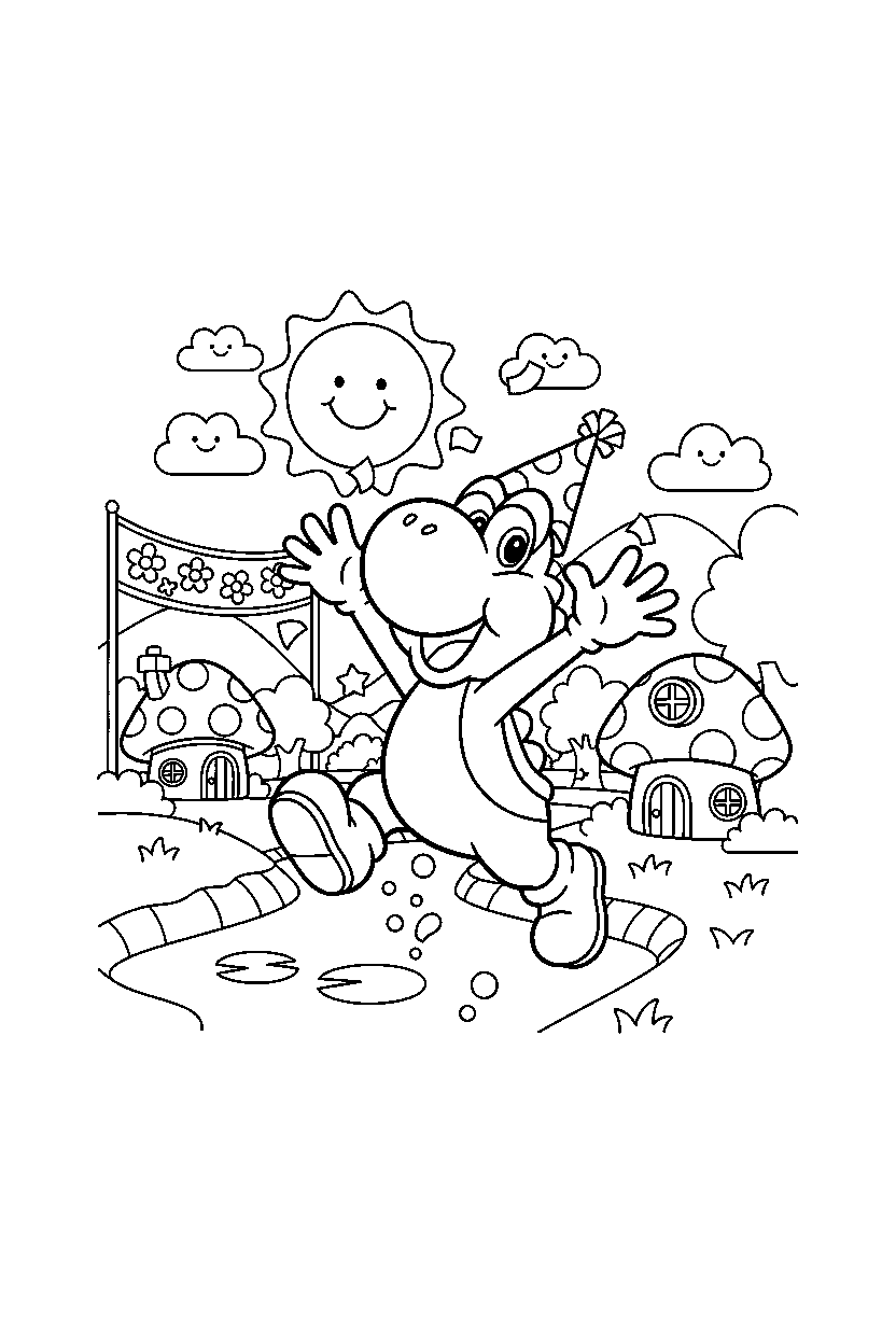 yoshi celebrating happily in a peaceful village line art