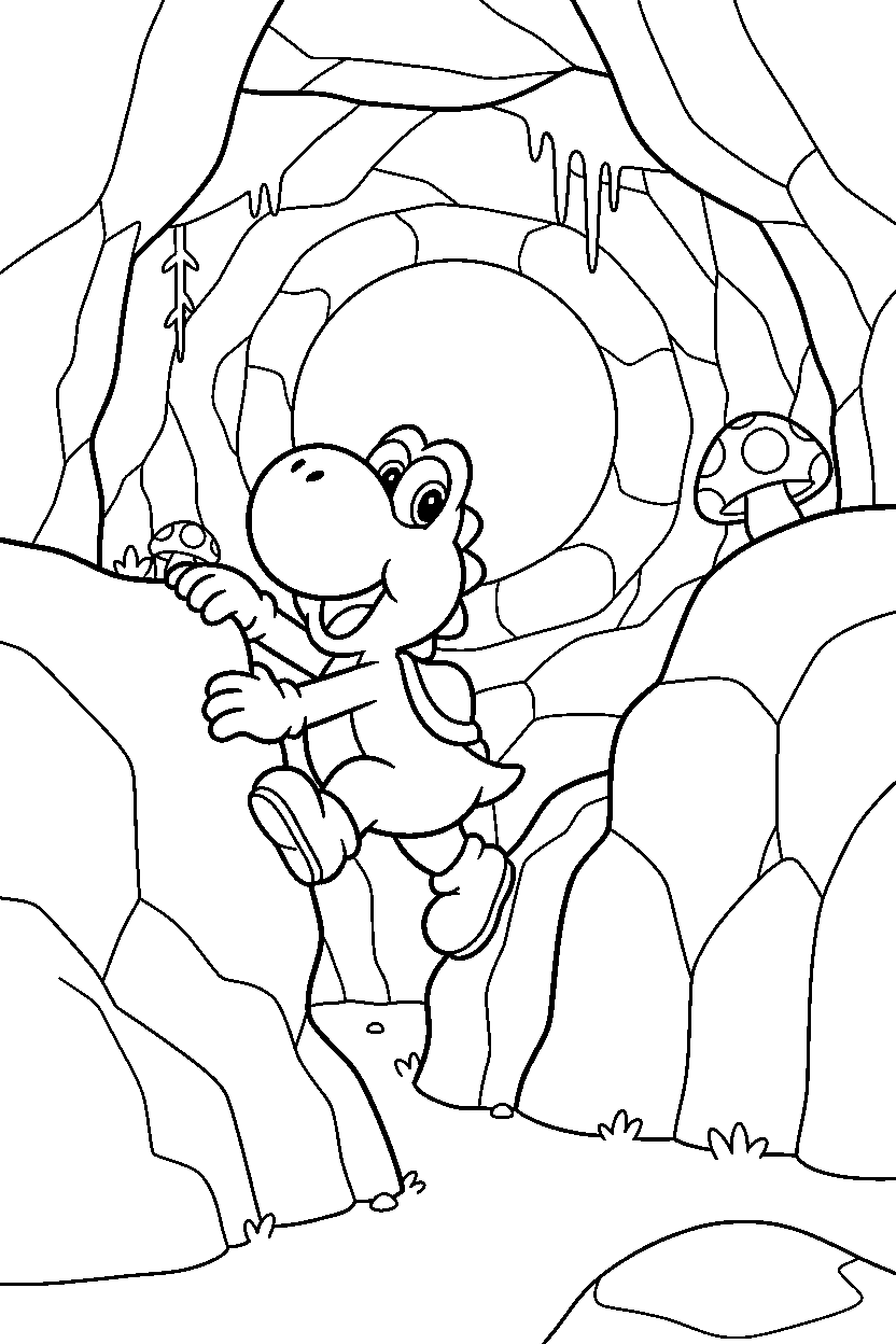 yoshi climbing happily in a cave level line art