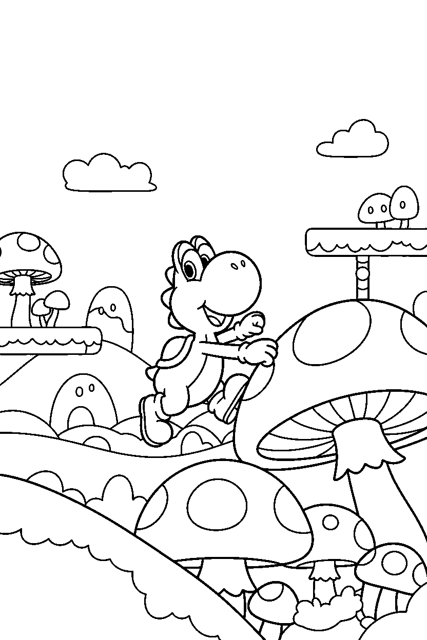 yoshi climbing happily in the mushroom kingdom line art