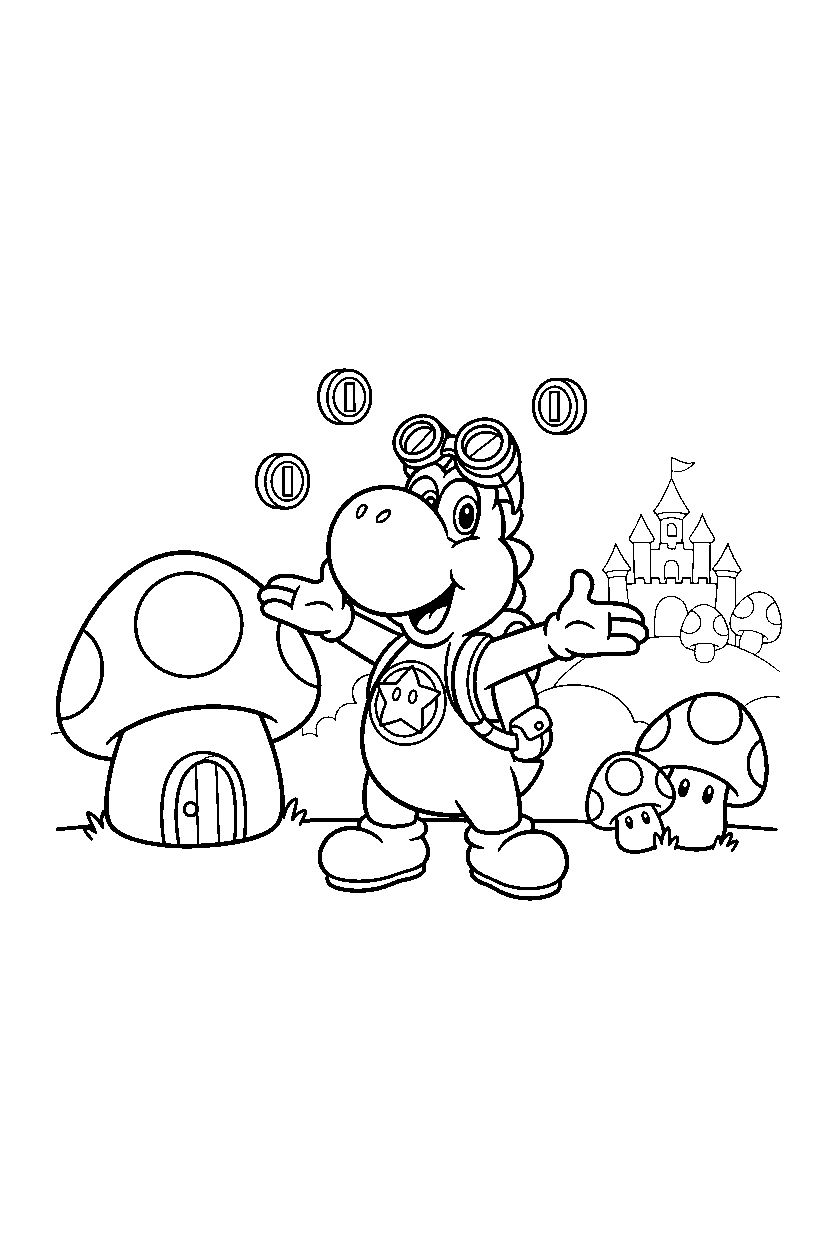 yoshi getting ready to explore in the mushroom kingdom line art