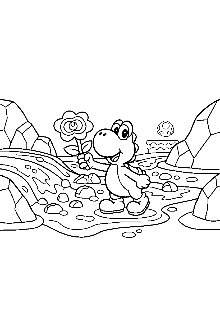 yoshi holding a flower power near a lava area line art