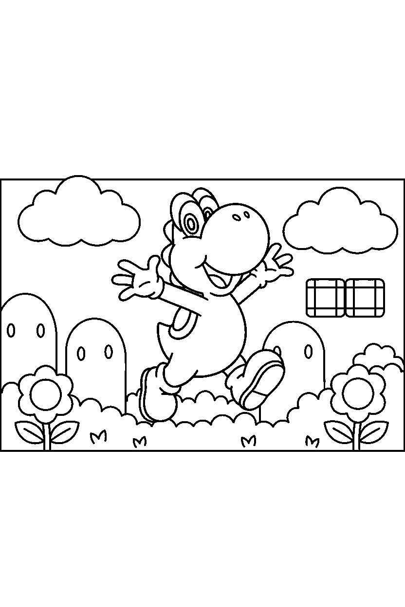 yoshi jumping with joy in a grassy level line art