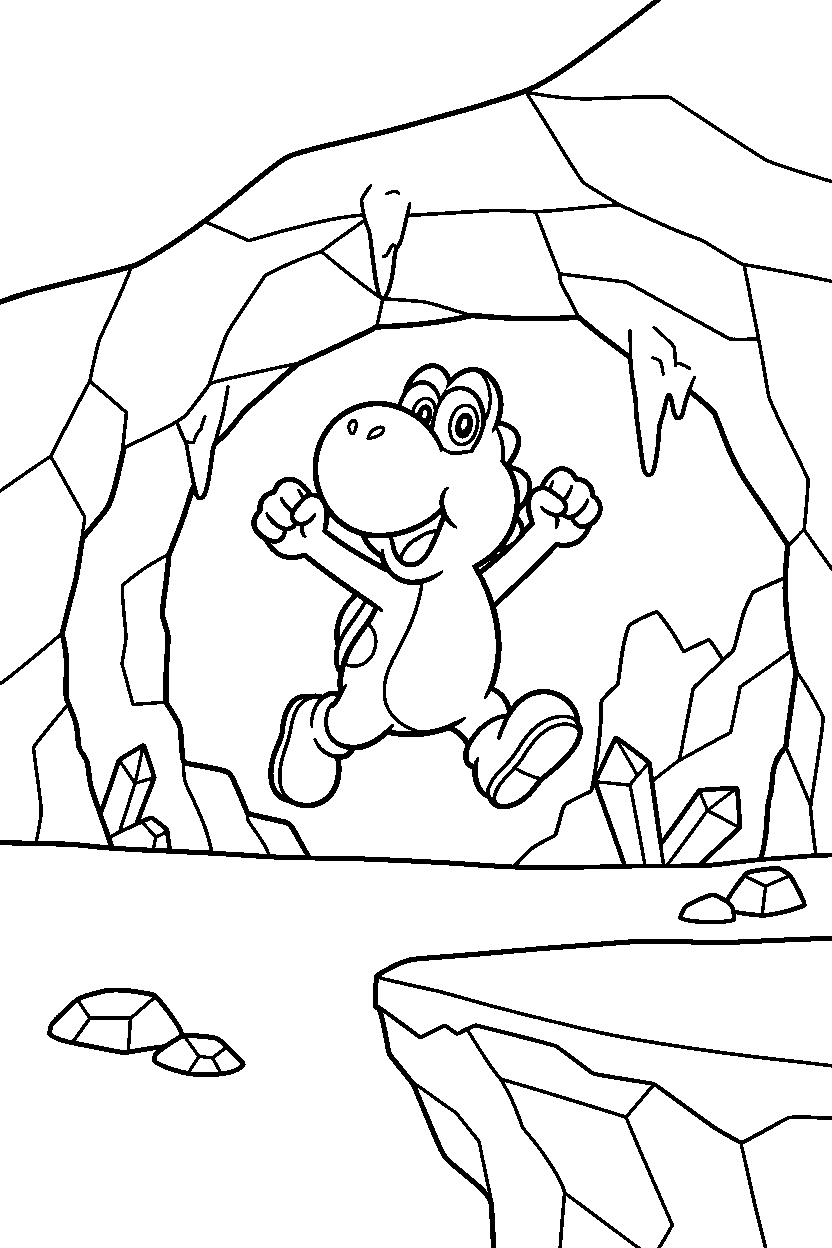 yoshi looking excited in a cave level line art