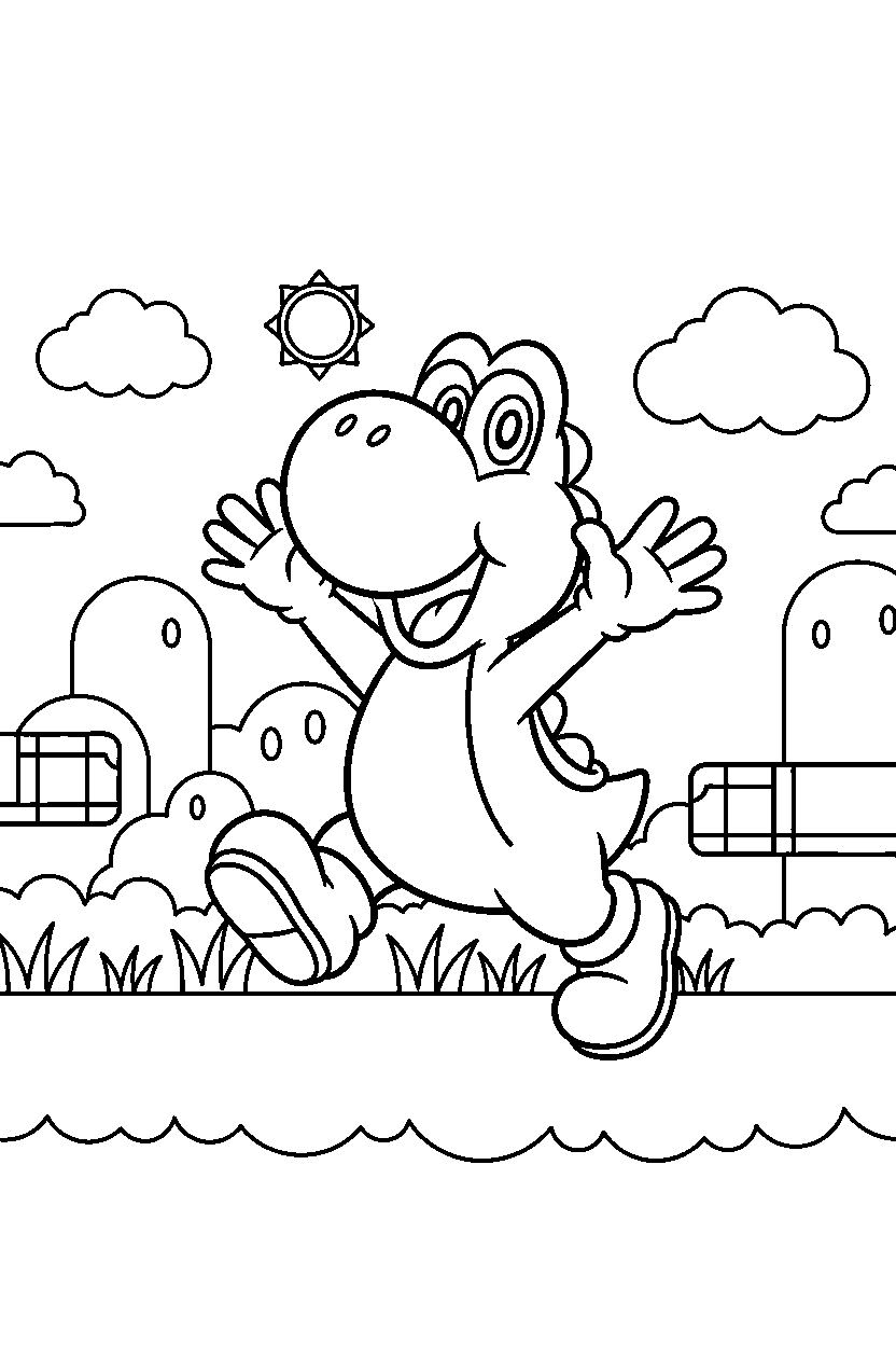 yoshi looking excited in a grassy level line art