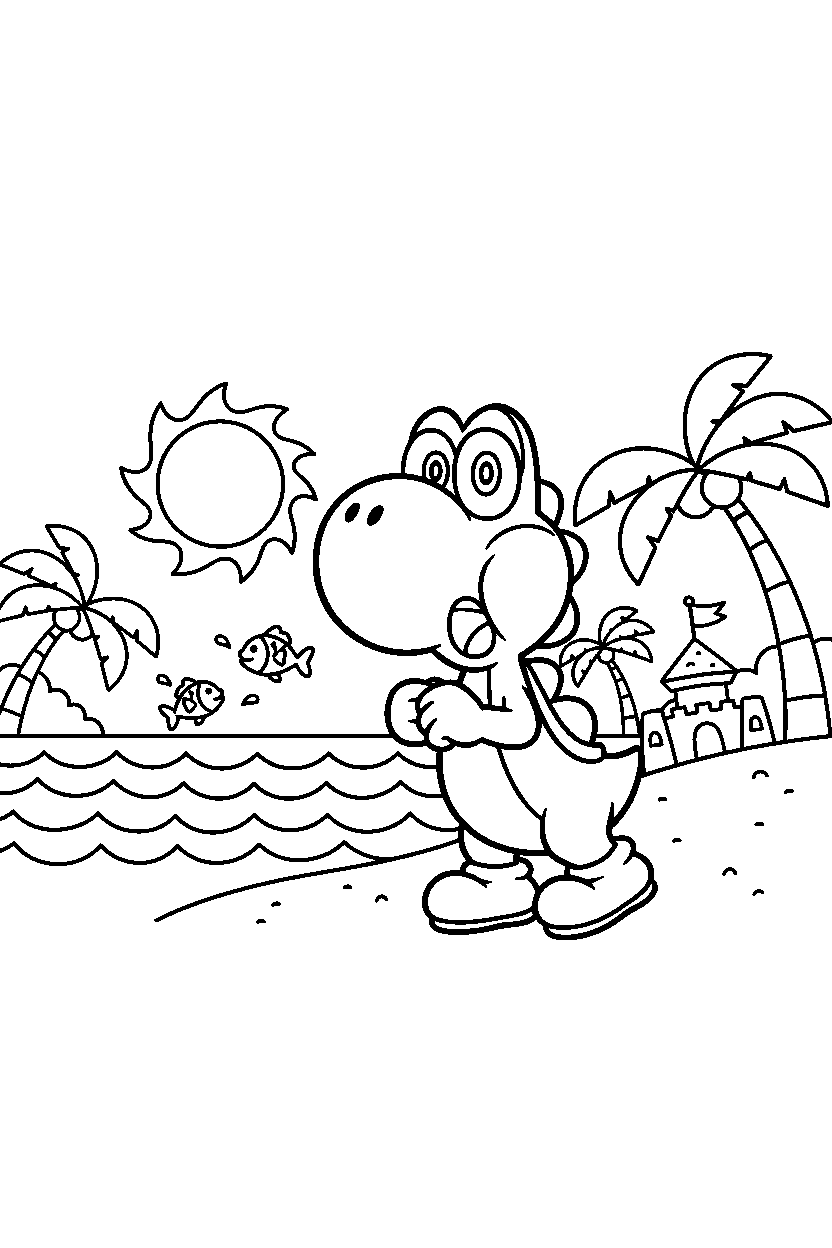 yoshi looking surprised in a beach level line art