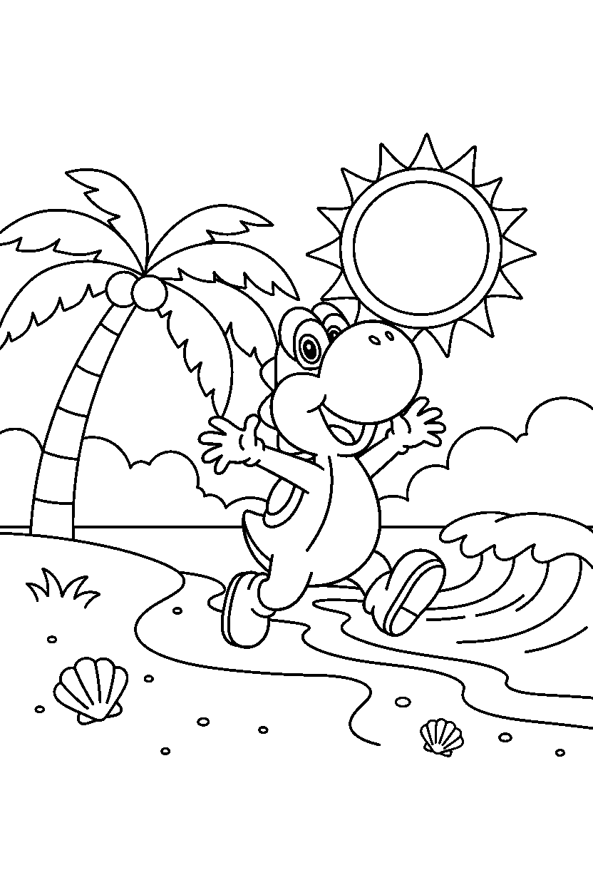 yoshi playing happily in a beach level line art
