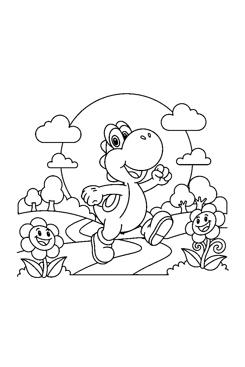 yoshi playing happily in a bright adventure land line art