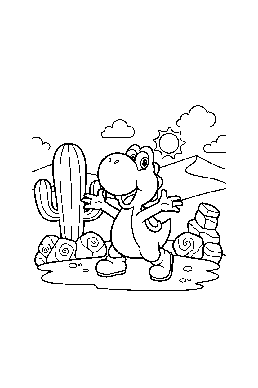 yoshi posing happily in a desert level line art