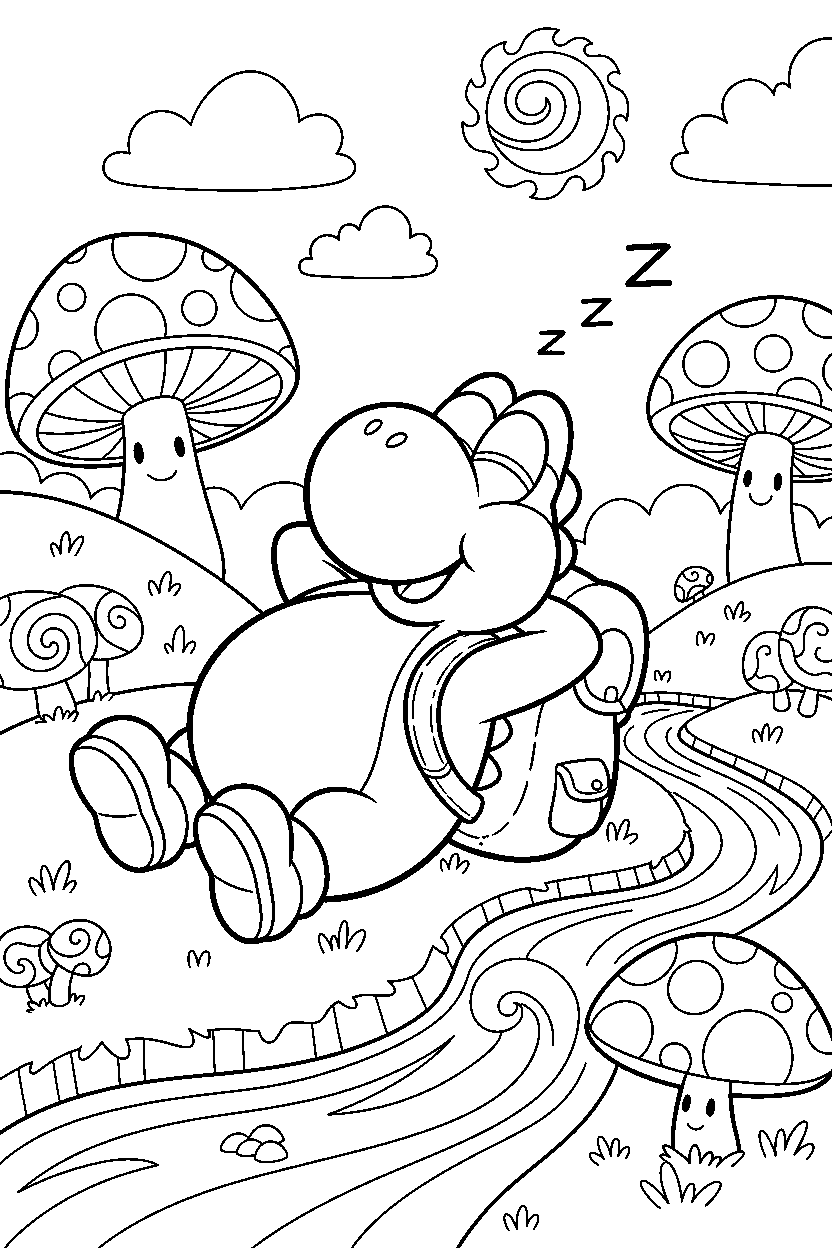 yoshi resting happily in a bright adventure land line art