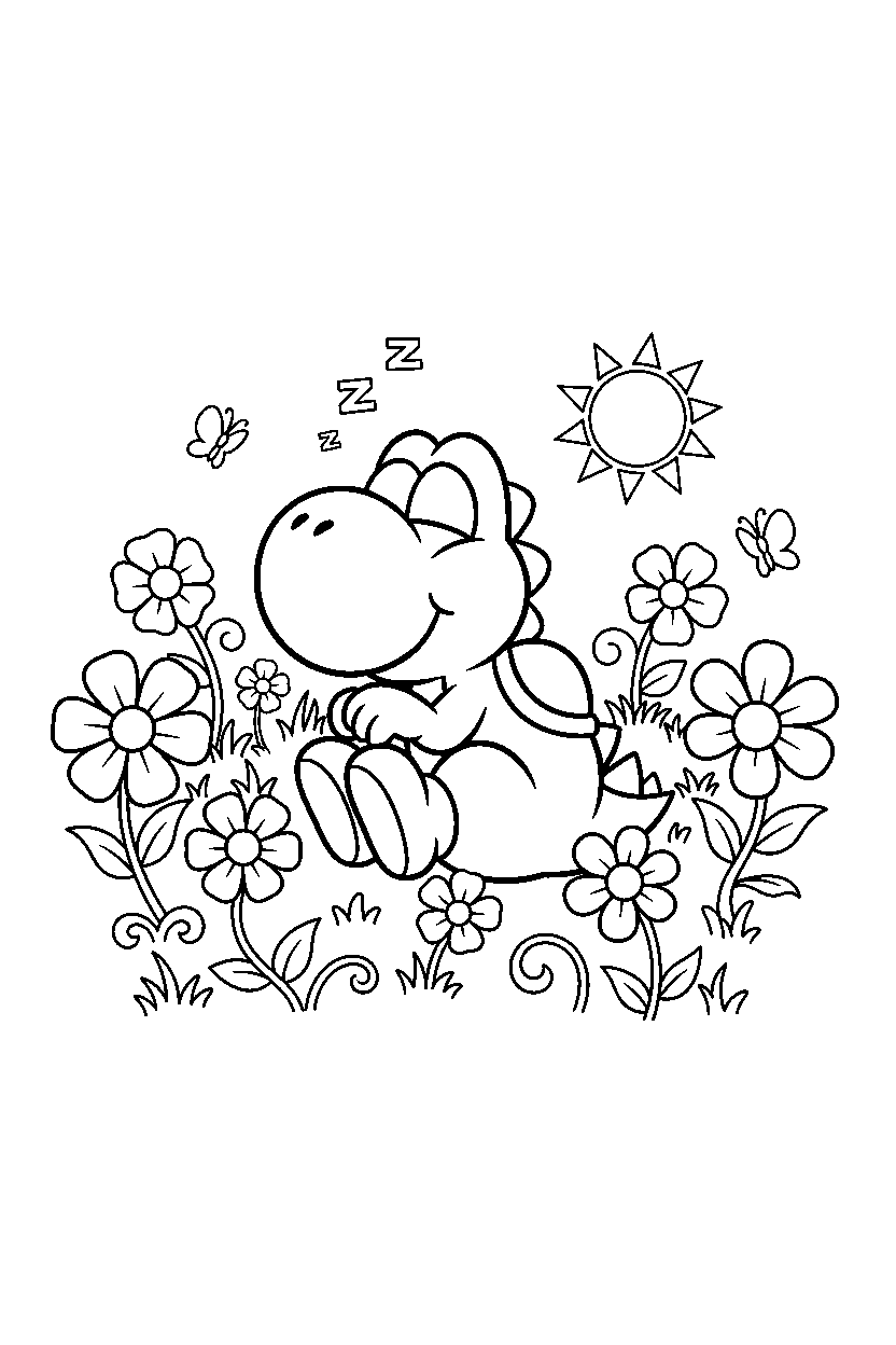 yoshi resting happily in a flower field line art