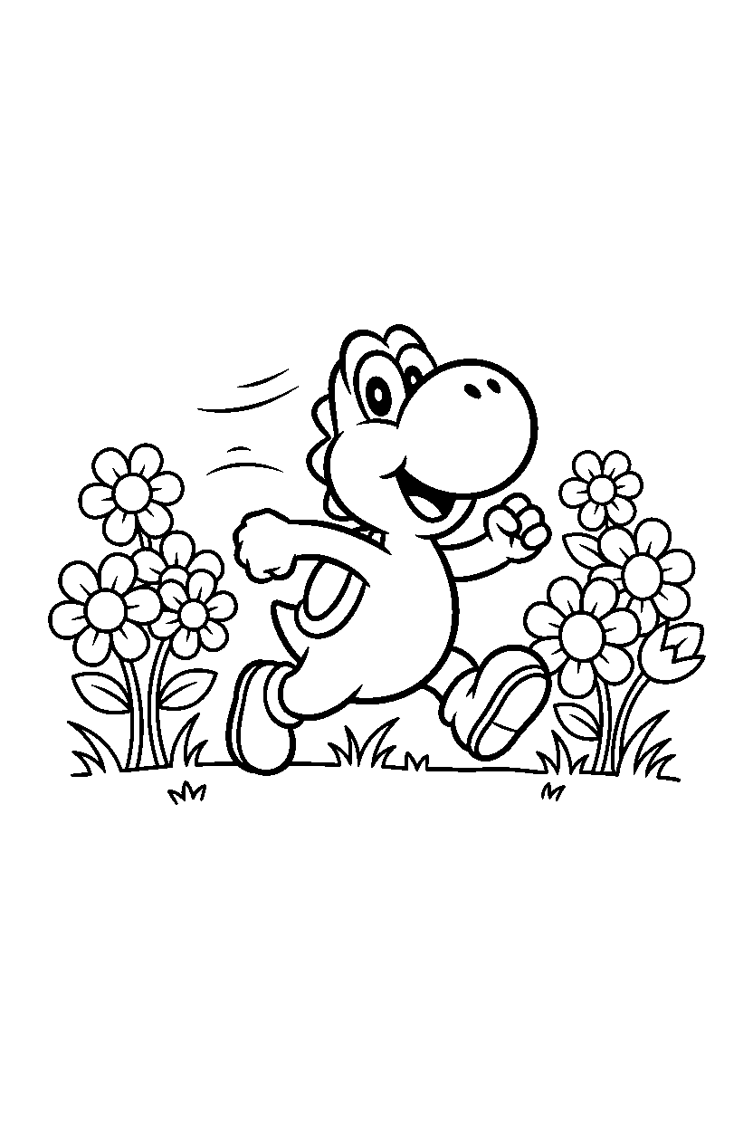 yoshi running happily in a flower field line art