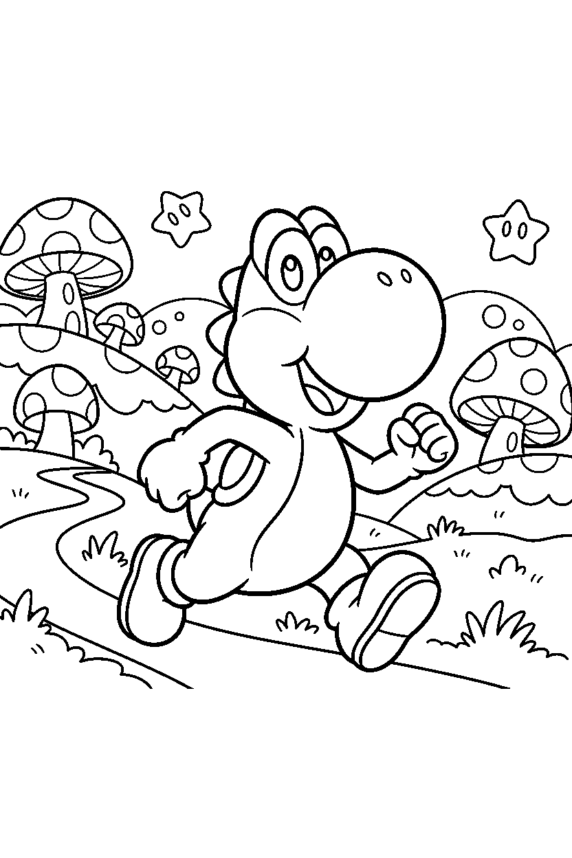 yoshi running happily in a magical world line art