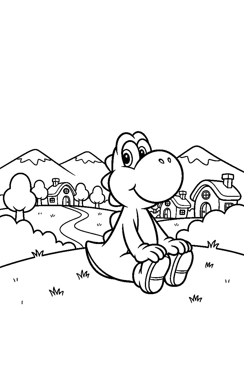 yoshi sitting peacefully in a peaceful village line art