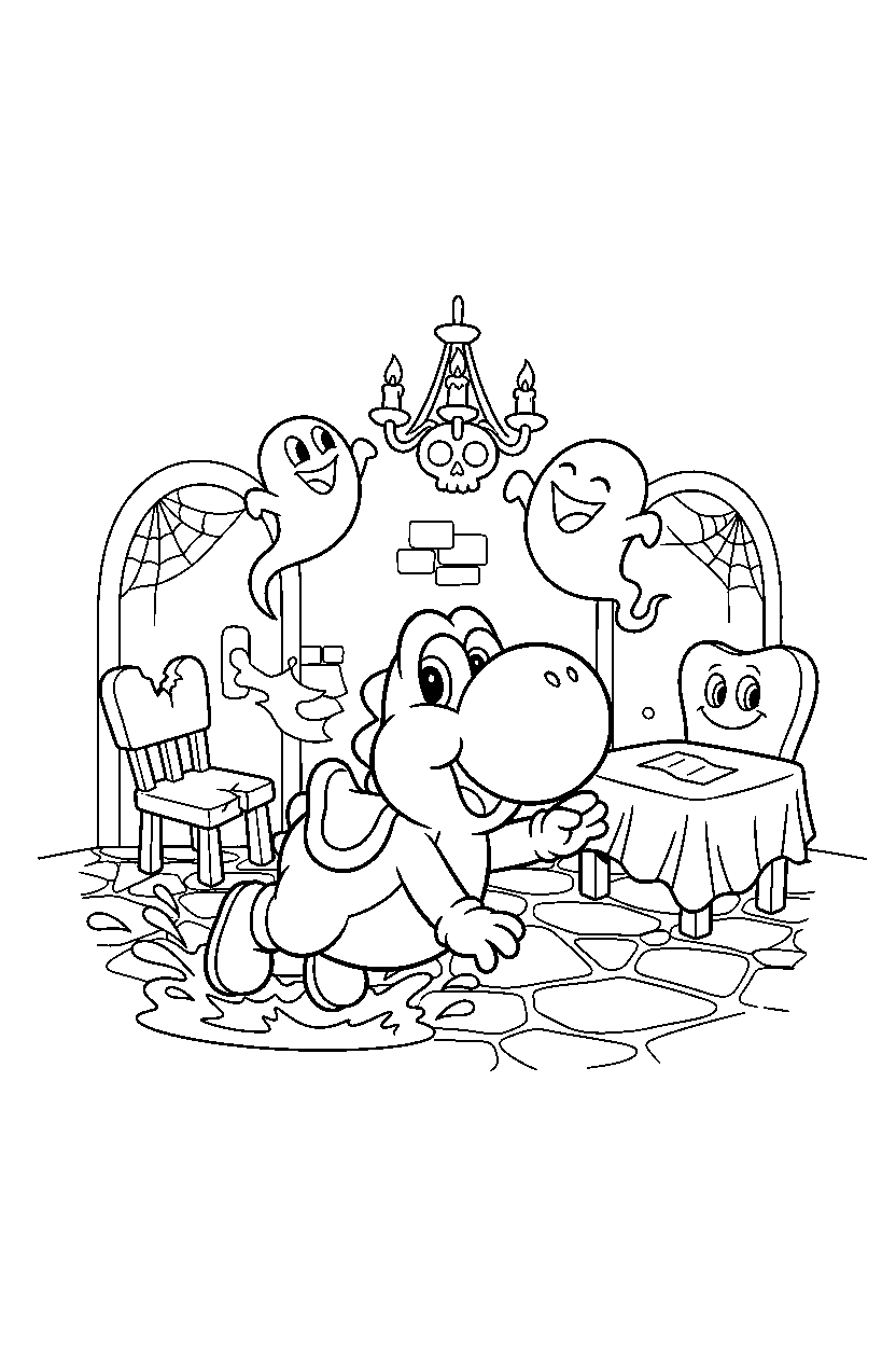 yoshi sliding happily in a ghost house line art